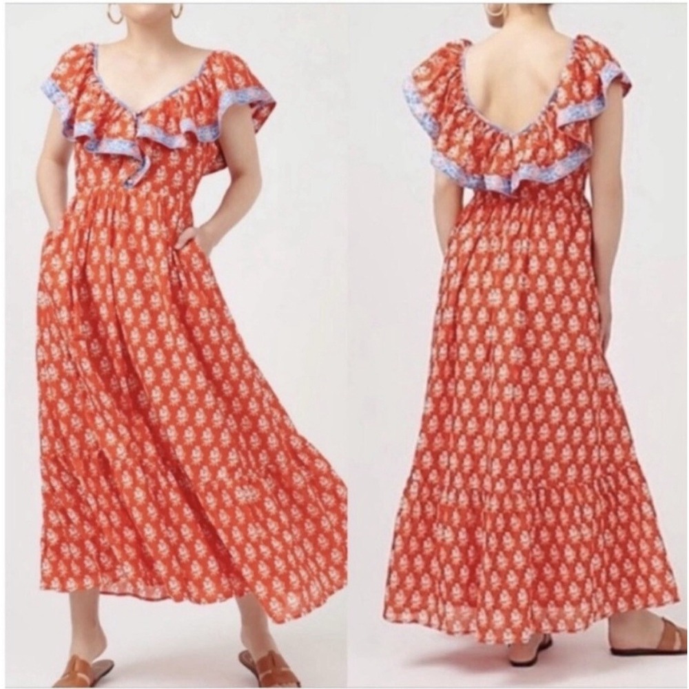 J.Crew Flutter V-Neck Maxi Dress, Size 4, Red Floral Block Print, Boho Summer